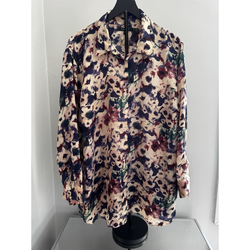 Lauren Ralph Lauren Blouse 3X Abstract Floral Silk Feel Career Top